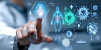 Medical professional interacting with futuristic holographic interface showing human anatomy and virus cells with glowing blue digital elements on dark background.