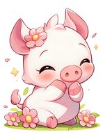 Cute pink pig character with flower decoration sitting in grass surrounded by pink blossoms. Kawaii style illustration with blushing cheeks and happy expression.
