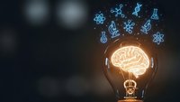 Glowing light bulb with brain inside surrounded by floating science icons on dark background representing innovation and creative thinking in research.
