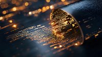 Glowing computer code reflected in magnifying glass with golden bokeh lights creates dramatic technology background for cybersecurity concepts.