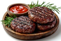 Grilled beef patties with ketchup and rosemary on wooden plate isolated on white background for restaurant menu design.