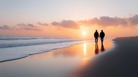 Romantic couple walking hand in hand on beach at sunset with golden light reflecting on wet sand and gentle waves creating peaceful atmosphere for love.