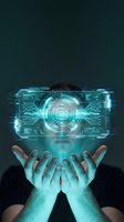 Hands holding glowing digital hologram with circuit board pattern and concentric circles, representing technology, innovation, and data processing for futuristic business concepts.