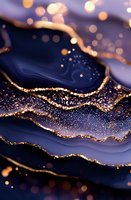 Abstract navy blue waves with golden glitter edges and bokeh effects create luxurious layered pattern, suitable for elegant design backgrounds and luxury branding.