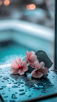 Delicate pink hibiscus flowers with green leaves lying on wet turquoise surface with water drops, creating peaceful spa atmosphere against blurred bokeh background.