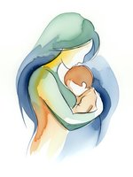 Watercolor mother tenderly holding newborn baby in loving embrace, soft pastel colors depicting maternal bond and motherhood on white background.