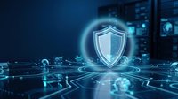 Cybersecurity shield protection concept with glowing digital security icon on futuristic technology background for data safety and network defense.