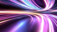 Abstract light trails in motion creating curved streaks of pink, purple and blue neon colors against dark background, suggesting speed and technology advancement.