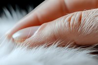 Gentle female fingers touching soft white fur in macro photography, creating sensual and delicate composition with shallow depth of field and warm skin tones.