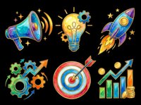 Watercolor business icon set with megaphone, light bulb, rocket, gears, target, and growth chart, isolated on transparent background, ready for stickers, clipart, and print on demand.