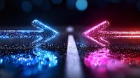 Glowing neon arrows in blue and pink face each other on dark reflective surface with bokeh lights, creating futuristic directional concept for business choices.