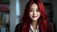 Young Asian woman with vibrant red hair smiling warmly at camera, wearing brown cardigan and white shirt against blurred bookshelf background.