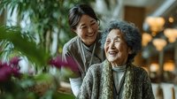 Young Asian female caregiver assisting happy elderly Asian woman in bright living room with plants, showcasing professional home healthcare services.