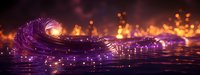 Glowing purple wave with magical sparkles and bokeh lights reflecting on dark water surface creates mystical atmosphere in panoramic view.