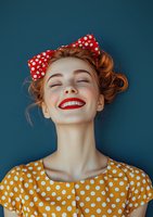 Young Caucasian woman with bright red lipstick smiling with eyes closed, wearing retro polka dot dress and red bow hairband against dark teal background.
