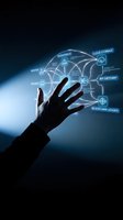 Hand reaching toward futuristic holographic interface with cloud storage, blockchain, API gateway and microservices technology concepts in blue light.