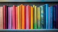 Colorful books arranged in rainbow spectrum on wooden shelf creating vibrant library display for education and reading concepts.