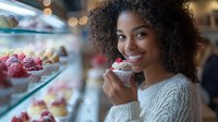 Young African American woman with curly hair enjoying cupcake at bakery display case, smiling warmly while holding dessert, wearing cozy sweater in soft ambient lighting.