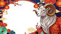 Chinese New Year ram goat zodiac animal with red lanterns and traditional decorations on white background for greeting cards and festive designs.