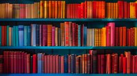 Colorful vintage hardcover books arranged on dark turquoise library shelves, perfect for education, literature, and knowledge concepts in publishing and academic designs.