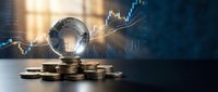Global financial growth concept with crystal earth globe on golden coins stack against rising market chart background for investment and economic analysis.
