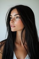 Young Asian woman with long black hair gazing upward in natural light, minimal makeup and soft expression against white wall background for beauty and lifestyle content.