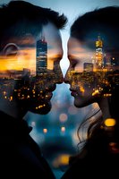 Romantic double exposure silhouette of couple against illuminated city skyline at sunset, blending intimate moment with urban nightscape and glowing lights.