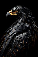 Majestic black eagle with golden accents against dark background, fierce amber eye and powerful beak creating dramatic wildlife portrait.
