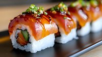 Fresh salmon sushi rolls with avocado and cucumber topped with green onions on wooden serving board for Japanese cuisine restaurant menu and food photography.