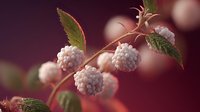 White raspberry branch with unripe berries and green leaves against burgundy background, soft bokeh effect creates dreamy atmosphere.