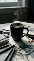 Steaming black mug of hot coffee on an artist desk surrounded by pencils, sketchbooks, erasers, and pencil shavings in moody natural light.