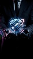 Businessman in dark suit holding glowing holographic satellite orbiting Earth with digital network connections and futuristic technology interface.