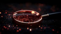 Glowing red particles scattered on dark surface with magnifying glass creating dramatic investigative mood, mysterious scientific research concept.