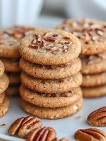 Homemade butter pecan cookies stacked in towers, garnished with chopped pecans on top, close-up view on light background. Fresh baked treats for dessert.