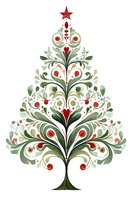 Decorative Christmas tree made of swirling floral elements, red berries, and green leaves in folk art style, topped with red star on white isolated background.