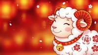 Cute cartoon sheep with traditional Asian fan and bell collar on festive red background with golden bokeh lights and snowflakes for lunar new year celebrations.