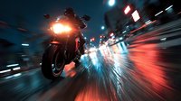 Motorcyclist speeding through night city streets with motion blur effect creating dynamic light trails of red and blue against dark urban background.