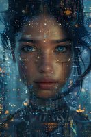 Futuristic female portrait with bright blue eyes overlaid with digital elements, tech symbols, and glowing particles against dark background in cyberpunk style.