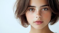 Young Caucasian woman with brown eyes, freckles and short wavy brown hair looking directly at camera against white background, natural makeup and soft lighting creates gentle mood.