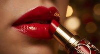 Glamorous red lipstick application on female lips with golden bokeh background for luxury cosmetics and beauty marketing campaigns.