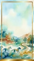 Watercolor landscape with horses running through countryside valley, winding river, trees, and mountains under soft sky with gold frame border.
