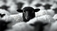 Black sheep head emerging from white flock, dramatic black and white contrast photography showing unique individuality and standing out from crowd concept.