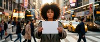 Young African American woman holding blank white sign on busy city street with blurred pedestrians and yellow taxis in background for advertising mockup.