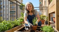 Senior Asian woman gardening on urban balcony with herbs and vegetables in wooden planters, smiling while tending plants in city apartment setting.