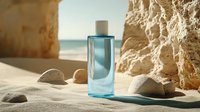 Blue glass bottle with cosmetic product on sandy beach near rocks and stones, sunlight casting soft shadows, ocean view in background, summer spa concept.