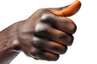 African American male hand showing thumbs up gesture against white background, isolated close-up view with dramatic lighting and skin texture details.