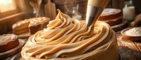Pastry chef piping golden caramel cream frosting onto dessert in warm bakery kitchen with fresh baked goods and ingredients visible in background for culinary and baking content.