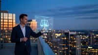 Professional businessman presenting digital justice scales hologram on city rooftop at dusk for legal technology and law firm marketing concepts.