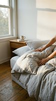 Person with medium skin tone touching linen bedding in bright morning sunlight, relaxing in minimalist bedroom with wooden nightstand, cup, and window view for wellness and lifestyle content.