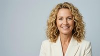 Professional blonde businesswoman with curly hair smiling confidently in cream blazer against neutral background for corporate marketing materials.